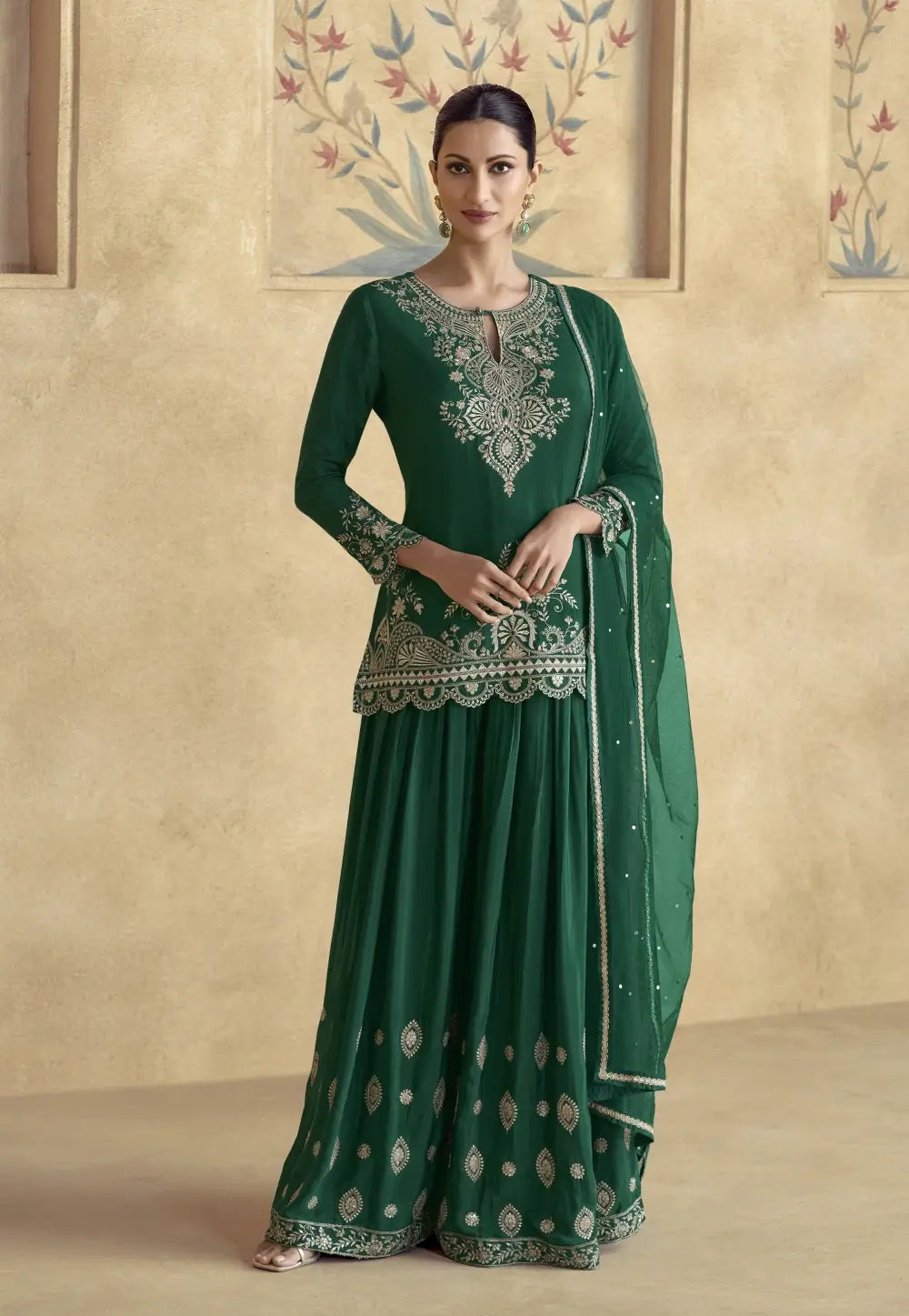 Stunning Embroidered Dark Green Sharara Ensemble