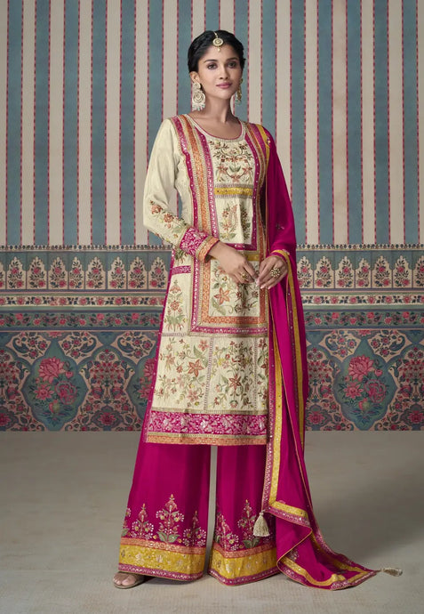 Stunning Embroidered Dark Pink Palazzo Suit