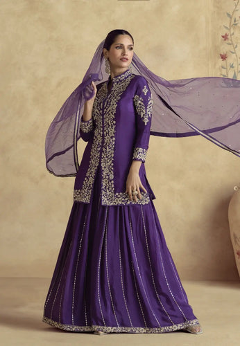 Stunning Embroidered Purple Sharara Ensemble