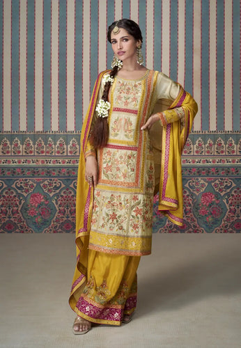 Stunning Embroidered Yellow Palazzo Suit