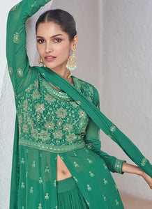 Stunning Green Multi Embroidered Lehenga Style Suit