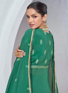 Stunning Green Multi Embroidered Lehenga Style Suit