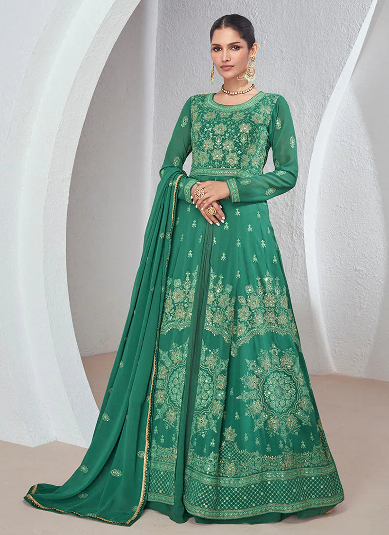 Stunning Green Multi Embroidered Lehenga Style Suit