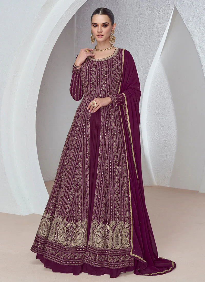 Stunning Purple Multi Embroidered Lehenga Style Suit