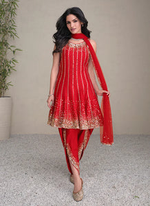 Stunning Red Ethnic Dhoti Style Pant Suit