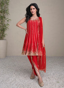 Stunning Red Ethnic Dhoti Style Pant Suit