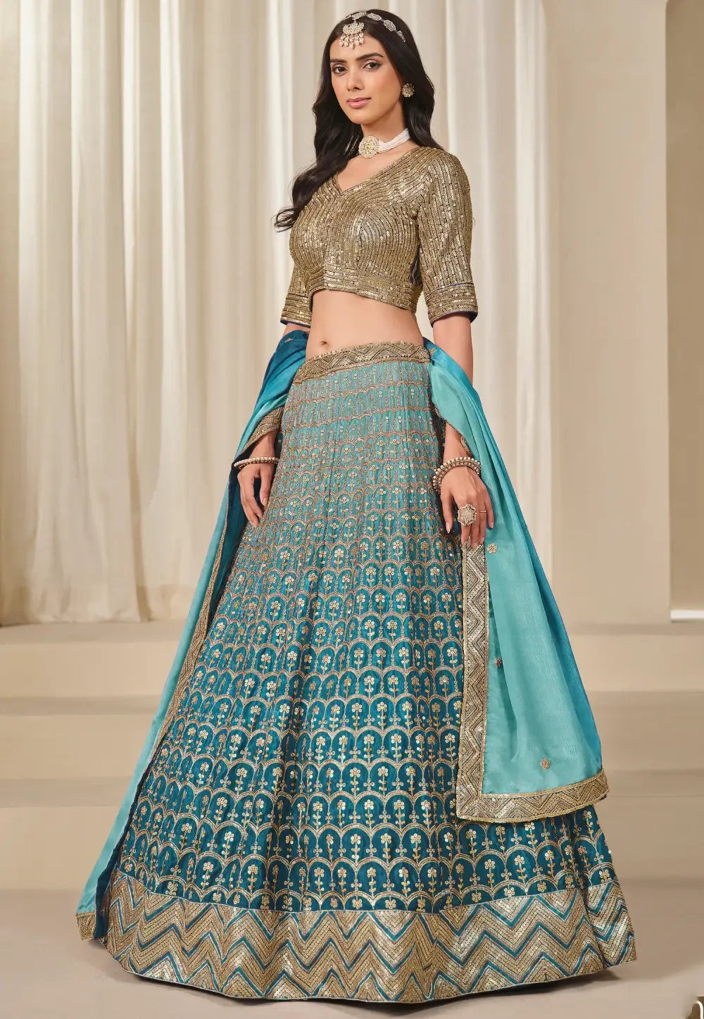 Stunning Teal and Gold Stylish Lehenga Choli