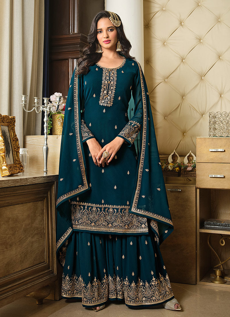 Teal Color Heavy Embroidered Gharara Style Suit