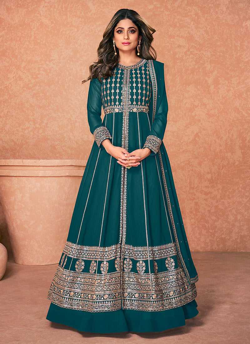 Teal Heavy Embroidered Slit Style Anarkali Lehenga fashionandstylish.myshopify.com