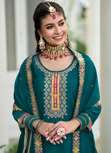 Load image into Gallery viewer, Teal Multi Colour Designer Gharara Style Suit
