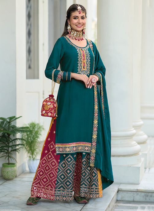 Teal Multi Colour Designer Gharara Style Suit