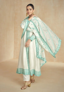 Teal White Flattering Slit-Style Anarkali Dress