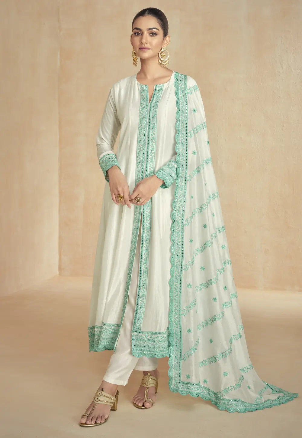 Teal White Flattering Slit-Style Anarkali Dress