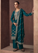 Load image into Gallery viewer, Teal and Gold Embroidered Stylish Pant Suit
