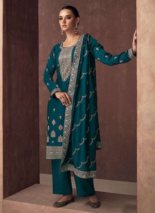 Teal and Gold Embroidered Stylish Pant Suit