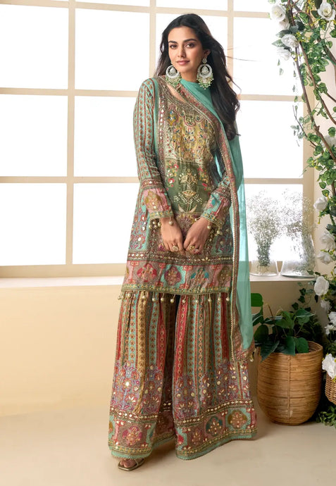 The Multicolor Teal Heritage Gharara Ensemble