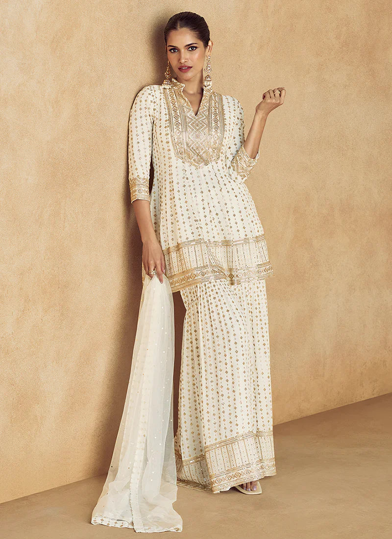 Timeless Cream Embroidered Sharara Style Suit