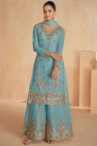 Timeless Florals Embroidered Sky Blue Sharara Suit