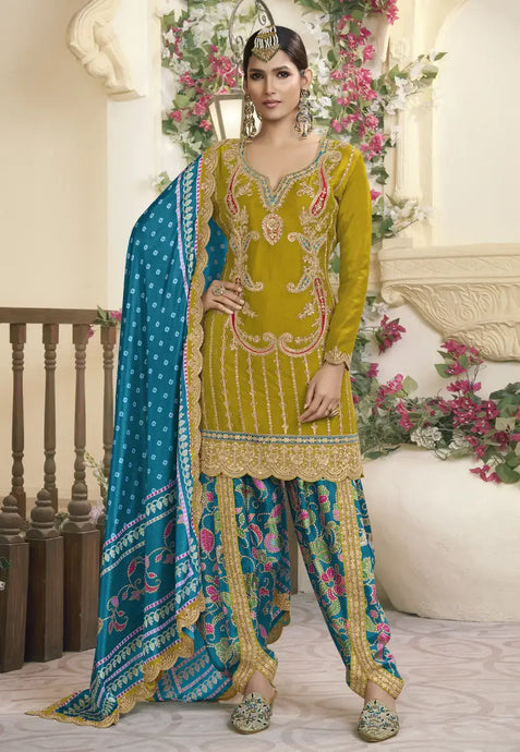 Timeless Grace Embroidered Yellow-Blue Dhoti Style Outfit