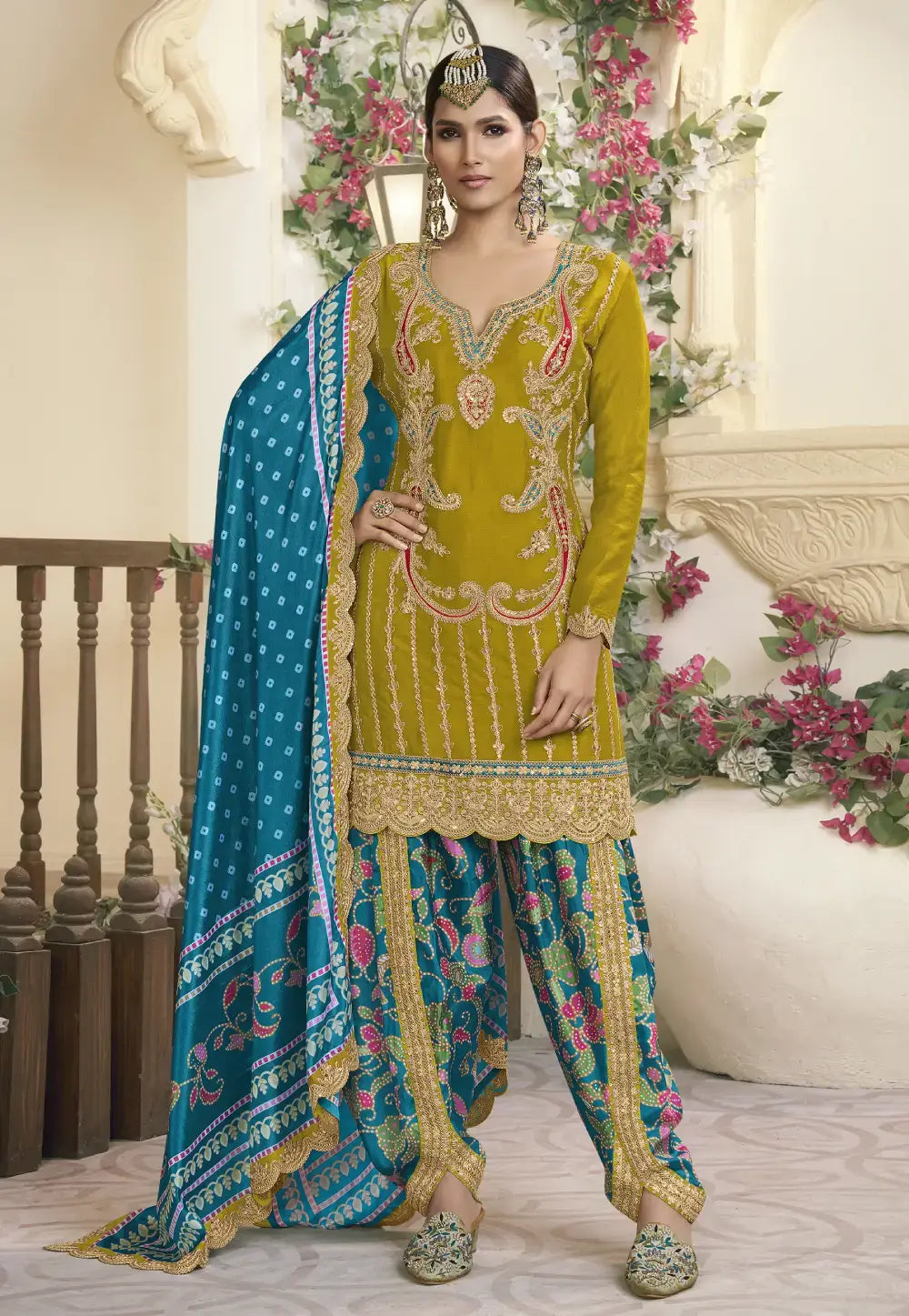 Timeless Grace Embroidered Yellow-Blue Dhoti Style Outfit