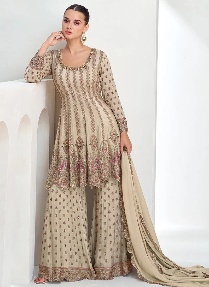 Timeless Trends Cream Embroidered Palazzo Suit