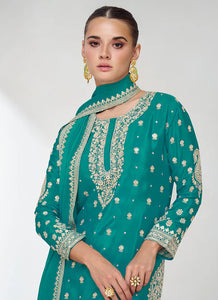 Turquoise  Colour Exquisite Embroidered Sharara Attire