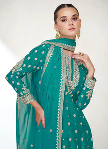 Turquoise  Colour Exquisite Embroidered Sharara Attire