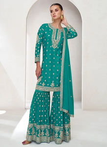 Turquoise  Colour Exquisite Embroidered Sharara Attire