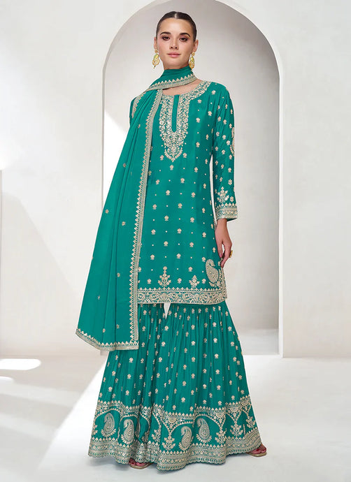 Turquoise  Colour Exquisite Embroidered Sharara Attire