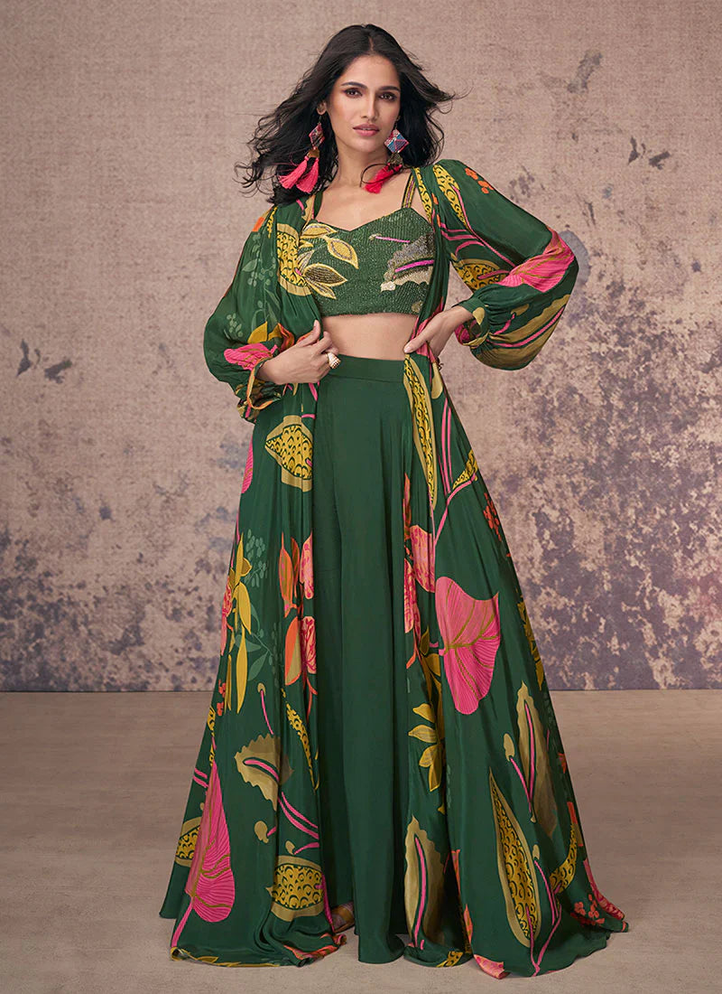 Vibrant Blooms Green Multicolor Floral Jacket Style Palazzo