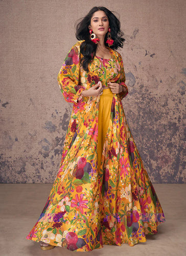 Vibrant Blooms Yellow Multicolor Floral Jacket Style Palazzo