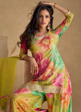 Load image into Gallery viewer, Vibrant Golden Multicolor Floral Sharara Style Suit
