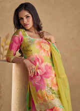 Load image into Gallery viewer, Vibrant Golden Multicolor Floral Sharara Style Suit
