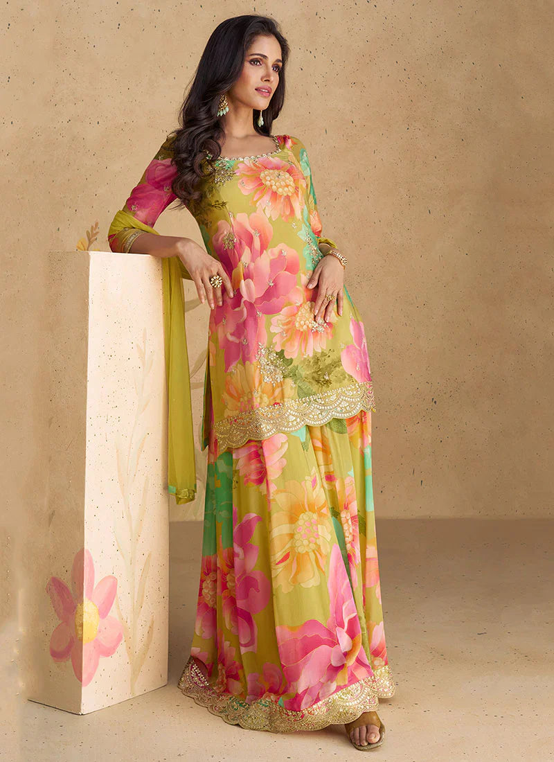 Vibrant Golden Multicolor Floral Sharara Style Suit