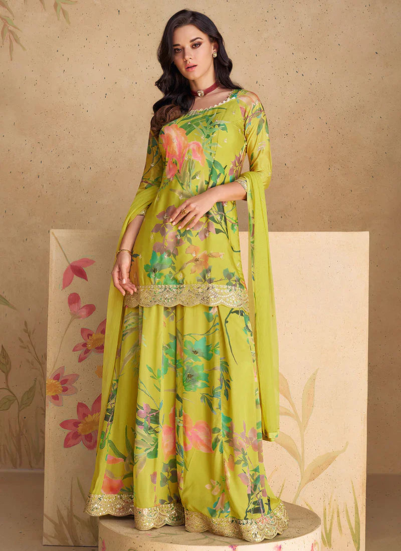 Vibrant Green Multicolor Floral Sharara Style Suit (Indian Dress) Green / Sequin / Silk