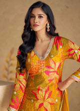 Load image into Gallery viewer, Vibrant Orange Multicolor Floral Sharara Style Suit
