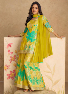 Vibrant Yellow Multicolor Floral Sharara Style Suit