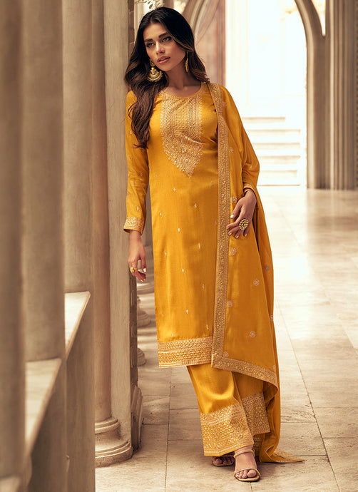 Yellow Colour Embroidered Pant Style Suit