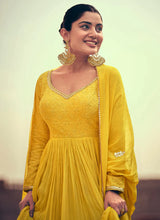 Load image into Gallery viewer, Yellow Embroidered Haldi Wear Kalidar Anarkali Suit
