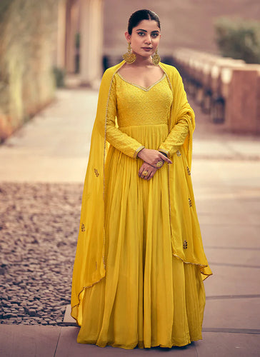Yellow Embroidered Haldi Wear Kalidar Anarkali Suit