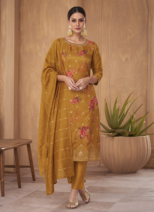 Yellow Embroidered Stylish Pant Style Suit
