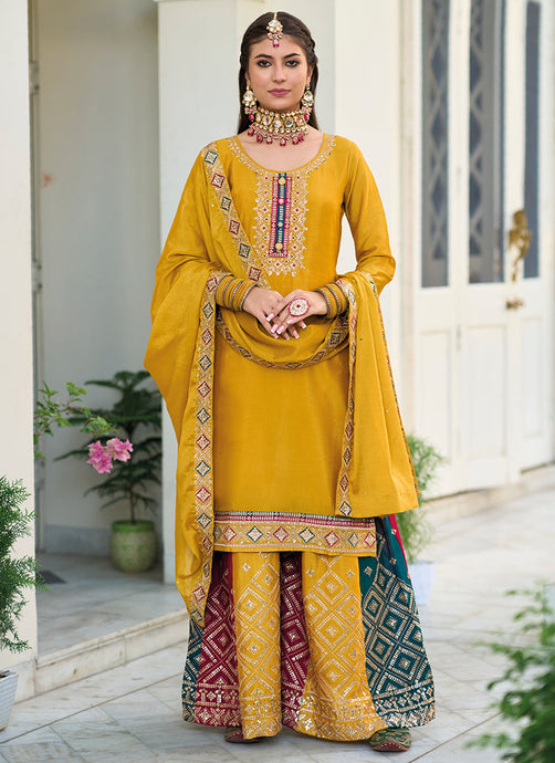 Yellow Multi Colour Designer Gharara Style Suit