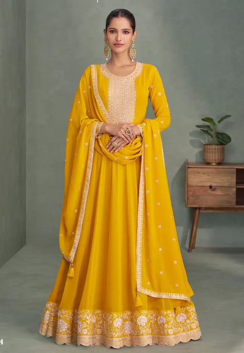 Yellow Real Georgette Anarkali Suit with Embroidery