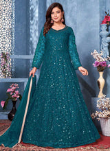 Load image into Gallery viewer, Aqua Blue Floral Heavy Embroidered Gown Style Anarkali fashionandstylish.myshopify.com

