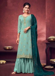 Aqua Blue and Gold Embroidered Sharara Style Suit fashionandstylish.myshopify.com