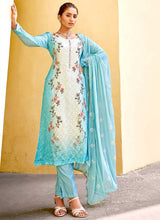 Load image into Gallery viewer, Aqua Floral Print Embroidered Straight Pant Suit fashionandstylish.myshopify.com
