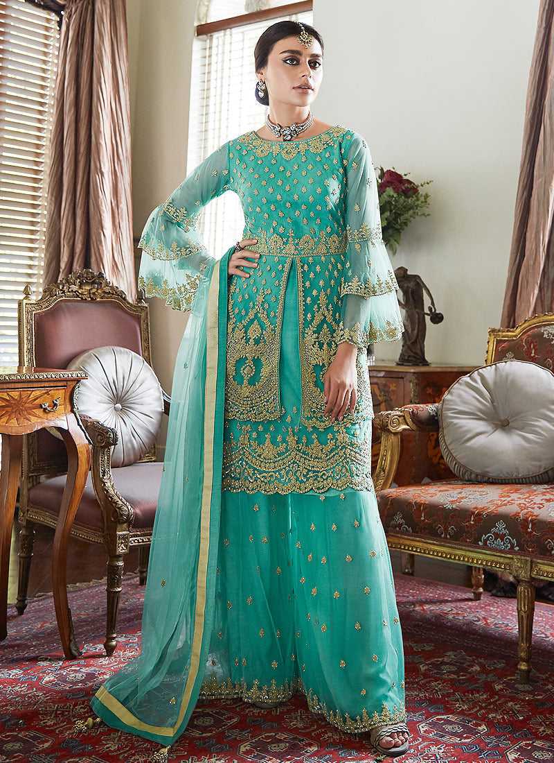 Aqua Green Heavy Embroidered Sharara Style Suit fashionandstylish.myshopify.com
