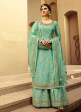 Load image into Gallery viewer, Aqua Heavy Embroidered Designer Palazzo Style Suit fashionandstylish.myshopify.com
