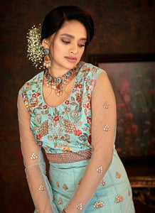 Aqua and Gold Floral Embroidered Kalidar Anarkali fashionandstylish.myshopify.com
