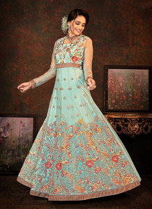 Aqua and Gold Floral Embroidered Kalidar Anarkali fashionandstylish.myshopify.com